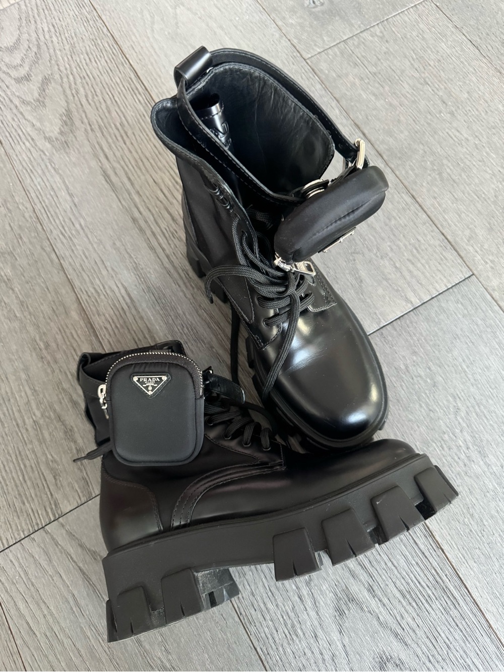 Prada Monolith leather and Re-Nylon combat boots with pouch